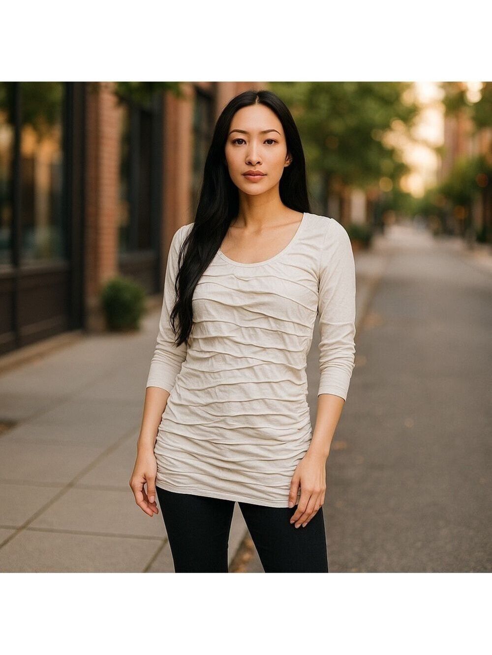 Peck & Peck Off White Ruched 3/4 Sleeve Top